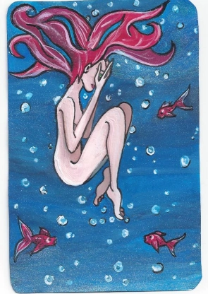 Une femme qui tombe ou flotte dans de l'eau profond, entourée de bulle et de poisson. Elle est recroquevillée sur elle et cache son visage dans ses mains. Encre.